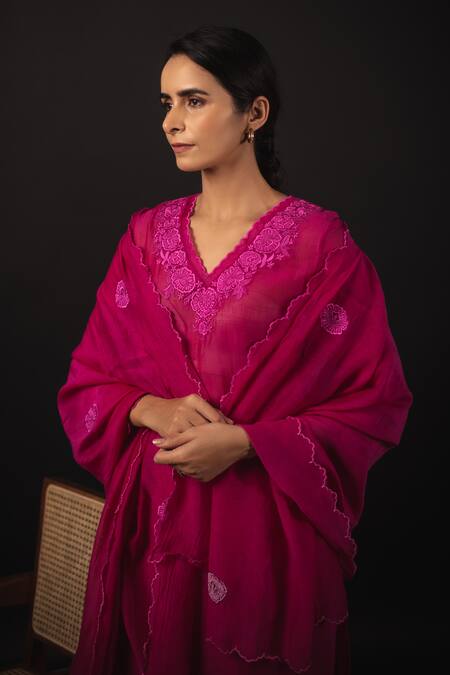 Shop_Avaasya Jaipur_Pink Handloom Cotton, Cotton, Chanderi Embroidery V-neck Kurta Set _Online_at_Aza_Fashions