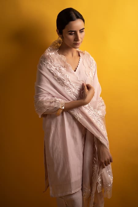 Shop_Avaasya Jaipur_Pink Chanderi, , Handloom Brooches, Straight Kurta Pant Set _Online_at_Aza_Fashions
