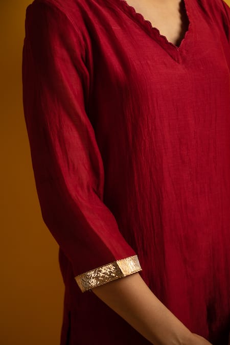 Buy_Avaasya Jaipur_Red Handloom Cotton, Linen, Chanderi Lace Laffa Work Sleeve Kurta And Pant Set _Online_at_Aza_Fashions