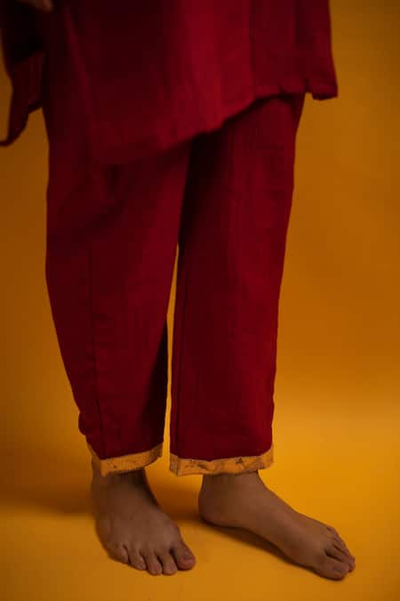 Shop_Avaasya Jaipur_Red Handloom Cotton, Linen, Chanderi Lace Laffa Work Sleeve Kurta And Pant Set _Online_at_Aza_Fashions