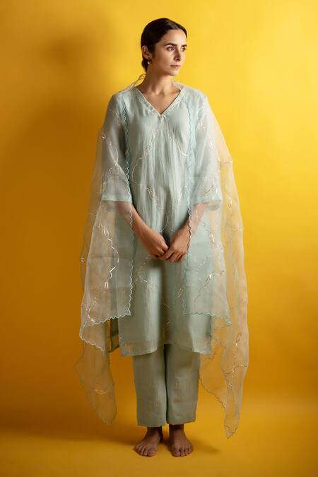Avaasya Jaipur_Green Handloom Cotton, Silk Organza Embroidery, Gota Patti Chanderi Kurta Set _Online_at_Aza_Fashions