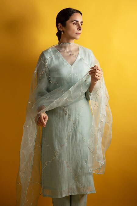 Buy_Avaasya Jaipur_Green Handloom Cotton, Silk Organza Embroidery, Gota Patti Chanderi Kurta Set _Online_at_Aza_Fashions