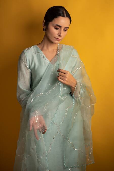 Shop_Avaasya Jaipur_Green Handloom Cotton, Silk Organza Embroidery, Gota Patti Chanderi Kurta Set _Online_at_Aza_Fashions