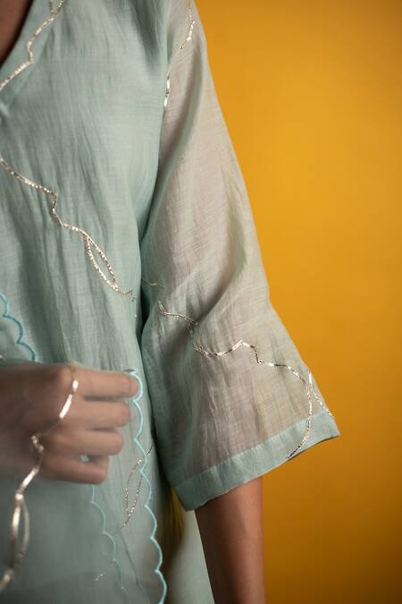 Avaasya Jaipur_Green Handloom Cotton, Silk Organza Embroidery, Gota Patti Chanderi Kurta Set _at_Aza_Fashions