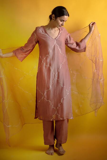 Avaasya Jaipur_Pink Handloom Cotton, Silk Organza Embroidery, Gota Patti Chanderi Kurta Set _Online_at_Aza_Fashions