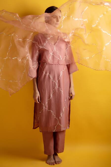 Buy_Avaasya Jaipur_Pink Handloom Cotton, Silk Organza Embroidery, Gota Patti Chanderi Kurta Set _Online_at_Aza_Fashions