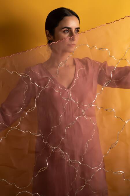 Shop_Avaasya Jaipur_Pink Handloom Cotton, Silk Organza Embroidery, Gota Patti Chanderi Kurta Set _Online_at_Aza_Fashions