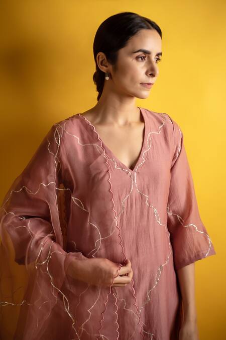 Avaasya Jaipur_Pink Handloom Cotton, Silk Organza Embroidery, Gota Patti Chanderi Kurta Set _at_Aza_Fashions