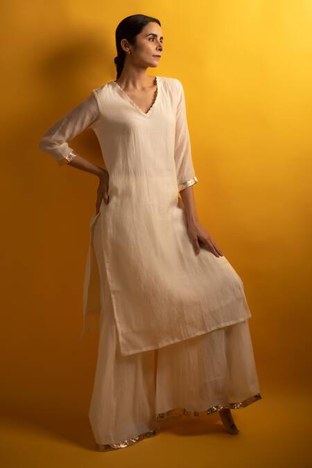 Avaasya Jaipur_Ivory Handloom Cotton, Linen Embroidery, Laffa Work Sleeve Kurta And Sharara Set _Online_at_Aza_Fashions