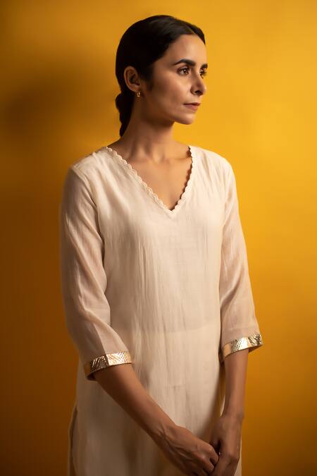 Buy_Avaasya Jaipur_Ivory Handloom Cotton, Linen Embroidery, Laffa Work Sleeve Kurta And Sharara Set _Online_at_Aza_Fashions