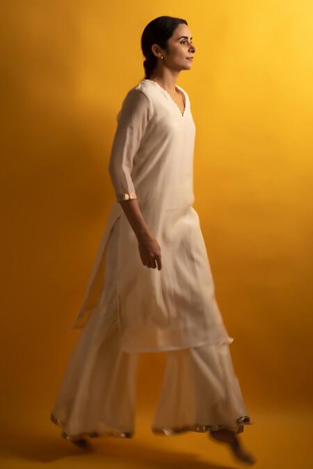 Shop_Avaasya Jaipur_Ivory Handloom Cotton, Linen Embroidery, Laffa Work Sleeve Kurta And Sharara Set _Online_at_Aza_Fashions