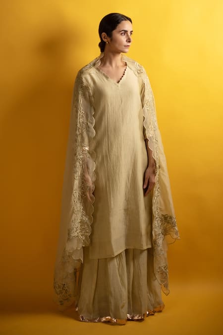 Avaasya Jaipur_Green Handloom Cotton, Chanderi, Linen Sharara Set With Floral Dupatta _Online_at_Aza_Fashions