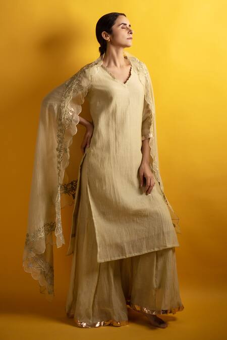 Buy_Avaasya Jaipur_Green Handloom Cotton, Chanderi, Linen Sharara Set With Floral Dupatta _Online_at_Aza_Fashions