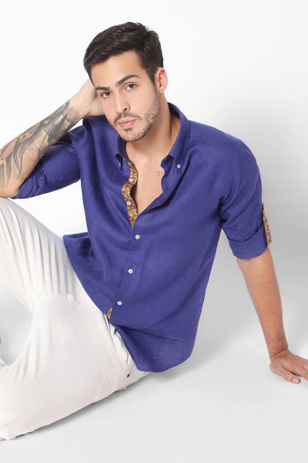 16stitches_Blue Linen Plain Bekal Shirt_Online_at_Aza_Fashions