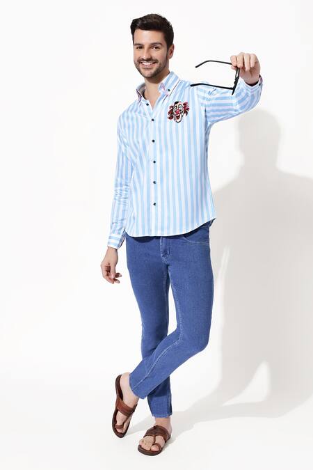 16stitches_Blue Egyptian Cotton Embroidery Clown Applique Chester Stripe Pattern Shirt_Online_at_Aza_Fashions
