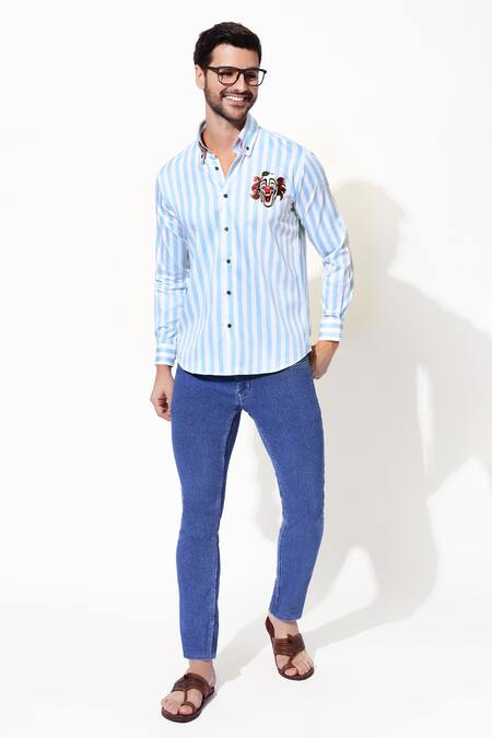 Buy_16stitches_Blue Egyptian Cotton Embroidery Clown Applique Chester Stripe Pattern Shirt_Online_at_Aza_Fashions