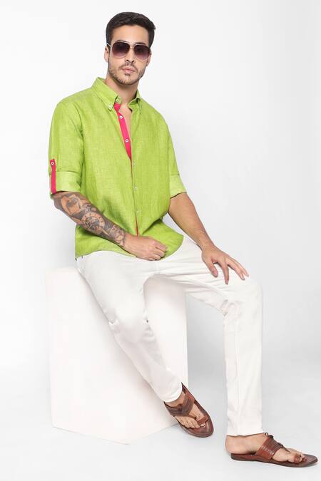 Shop_16stitches_Green Linen Plain Gokarna Shirt_at_Aza_Fashions