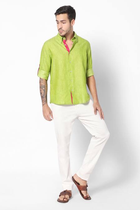 16stitches_Green Linen Plain Gokarna Shirt_Online_at_Aza_Fashions