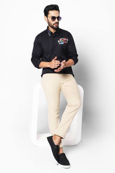 16stitches_Black Egyptian Cotton Embroidery Calligraphy Love Placement Shirt_Online_at_Aza_Fashions