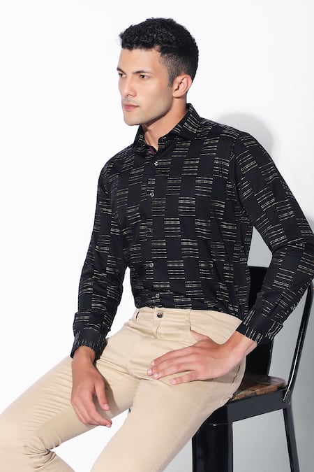 16stitches_Black Egyptian Cotton Woven Mosaic Pattern Shirt_Online_at_Aza_Fashions