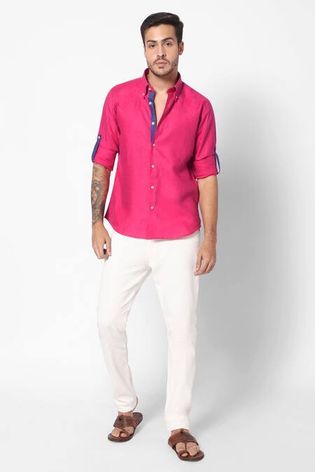 Shop 16stitches Pink Linen Plain Palolem Shirt at Aza Fashions Shop_16stitches_Pink Linen Plain Palolem Shirt_at_Aza_Fashions