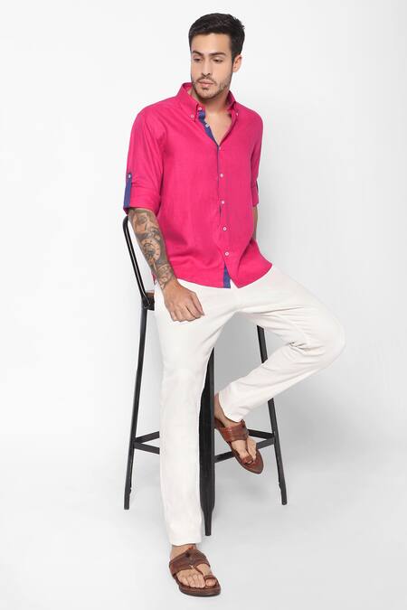 16stitches Pink Linen Plain Palolem Shirt Online at Aza Fashions 16stitches_Pink Linen Plain Palolem Shirt_Online_at_Aza_Fashions