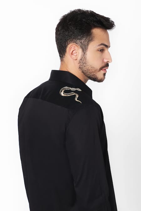Shop_16stitches_Black Cotton Embroidery Serpentine Shirt _at_Aza_Fashions