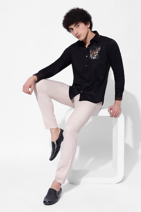 Shop 16stitches Black Egyptian Cotton Embroidery Thread Siogne Shirt at Aza Fashions Shop_16stitches_Black Egyptian Cotton Embroidery Thread Siogne Shirt_at_Aza_Fashions