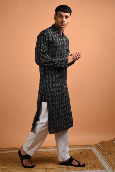 Shop_Kalp_Black Cotton Embroidery Jade Noir Melody Kurta Set _Online_at_Aza_Fashions