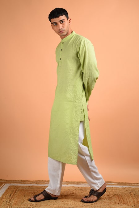 Buy_Kalp_Green Cotton Perfection Stitch Line Work Kurta Set _Online_at_Aza_Fashions