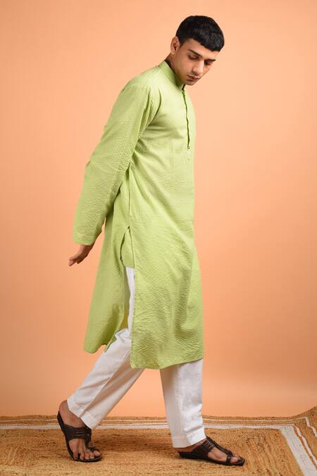 Shop_Kalp_Green Cotton Perfection Stitch Line Work Kurta Set _Online_at_Aza_Fashions