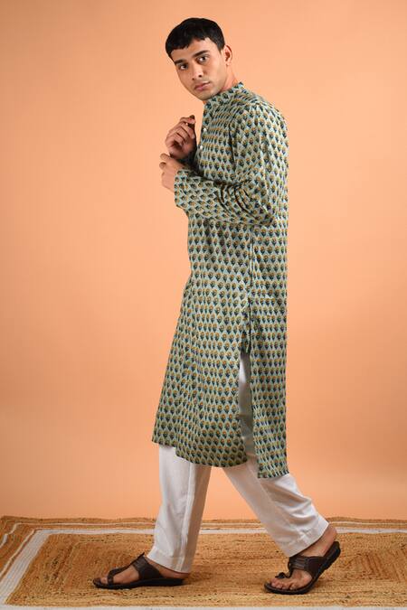Buy_Kalp_Green Cotton Embroidery Individuality Celebration Floral Print Kurta Set_Online_at_Aza_Fashions