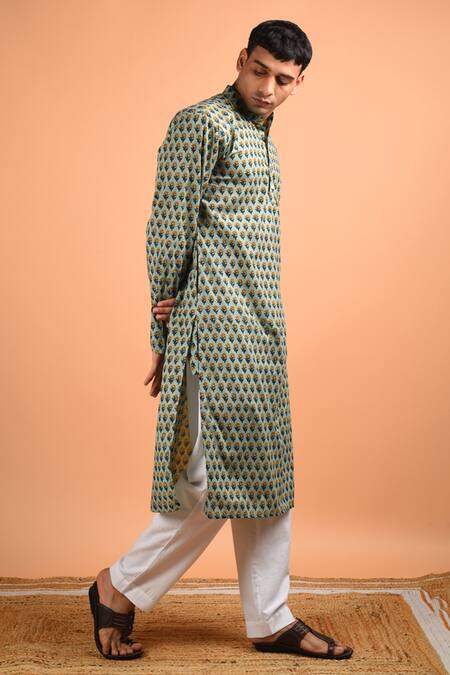 Shop_Kalp_Green Cotton Embroidery Individuality Celebration Floral Print Kurta Set_Online_at_Aza_Fashions