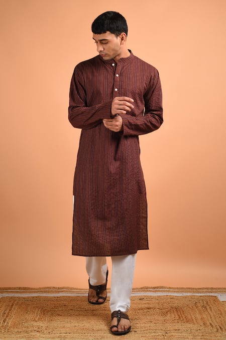 Kalp Brown Cotton Embroidered Stitch Lines Kantha Serenity Kurta Set  