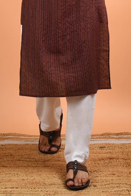 Kalp_Brown Cotton Embroidery Kantha Serenity Kurta Set _Online_at_Aza_Fashions