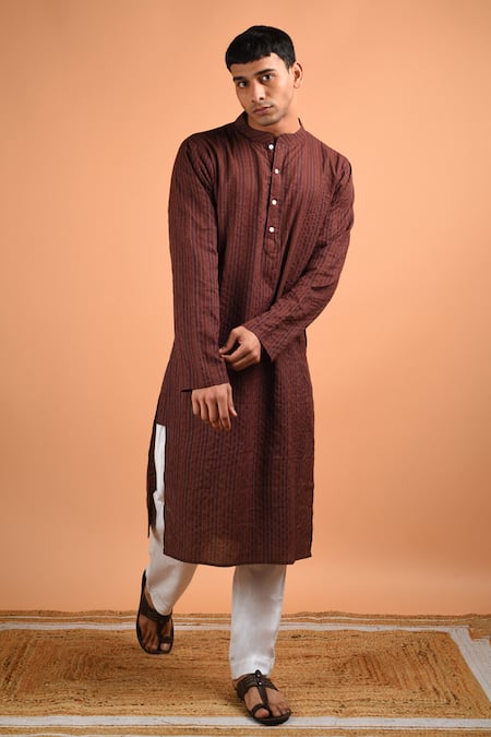 Buy_Kalp_Brown Cotton Embroidery Kantha Serenity Kurta Set _Online_at_Aza_Fashions