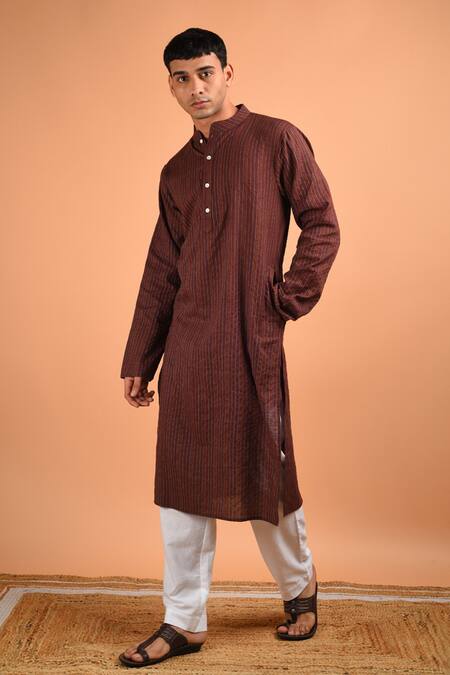 Shop_Kalp_Brown Cotton Embroidery Kantha Serenity Kurta Set _Online_at_Aza_Fashions