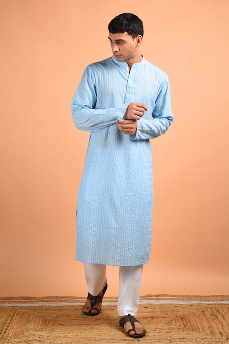 Kalp Sky Blue Cotton Embroidered Stitch Lines Badal Kantha Weaved Kurta Set  