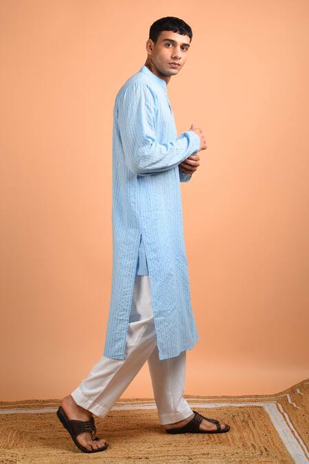 Shop_Kalp_Sky Blue Cotton Badal Kantha Weaved Kurta Set _Online_at_Aza_Fashions