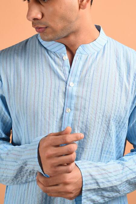 Kalp_Sky Blue Cotton Badal Kantha Weaved Kurta Set _at_Aza_Fashions