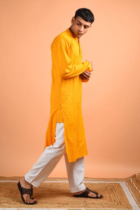 Shop_Kalp_Yellow Cotton Embroidery Bliss Kantha Kurta Set _Online_at_Aza_Fashions