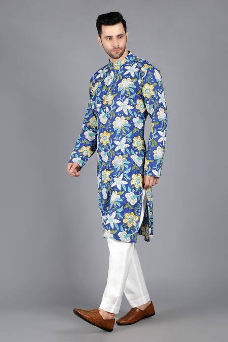 Shop Kalp Blue Cotton Embroidery Breath Of Blooms Hand Block Print Kurta Set Online at Aza Fashions Shop_Kalp_Blue Cotton Embroidery Breath Of Blooms Hand Block Print Kurta Set _Online_at_Aza_Fashions