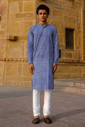 Kalp_Blue Cotton Embroidery Argyle Geometric Hand Block Pattern Kurta Set _Online_at_Aza_Fashions