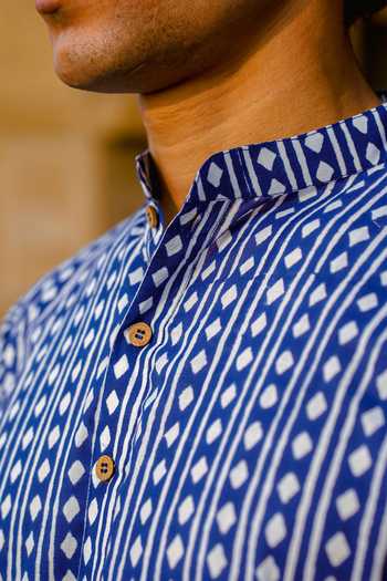 Shop_Kalp_Blue Cotton Embroidery Argyle Geometric Hand Block Pattern Kurta Set _Online_at_Aza_Fashions
