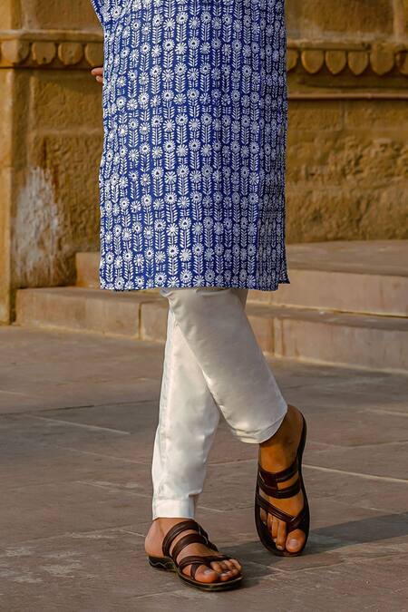 Kalp_Blue Cotton Embroidery Floral Fantasy Hand Block Print Kurta Set _Online_at_Aza_Fashions