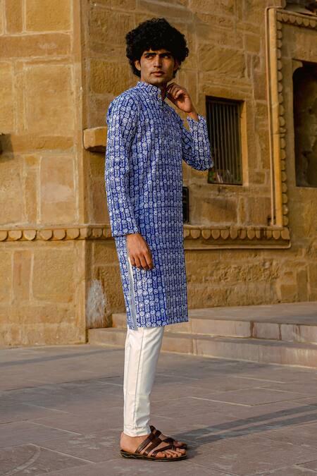 Buy_Kalp_Blue Cotton Embroidery Floral Fantasy Hand Block Print Kurta Set _Online_at_Aza_Fashions