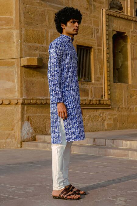 Shop_Kalp_Blue Cotton Embroidery Floral Fantasy Hand Block Print Kurta Set _Online_at_Aza_Fashions