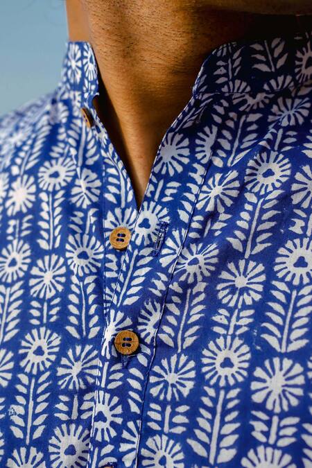 Kalp_Blue Cotton Embroidery Floral Fantasy Hand Block Print Kurta Set _at_Aza_Fashions