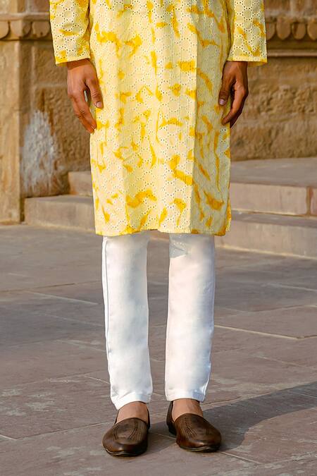 Kalp_Yellow Cotton Hakoba Haldi Marvel Kurta Set _Online_at_Aza_Fashions