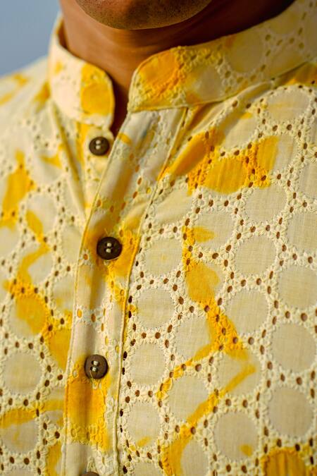 Shop_Kalp_Yellow Cotton Hakoba Haldi Marvel Kurta Set _Online_at_Aza_Fashions